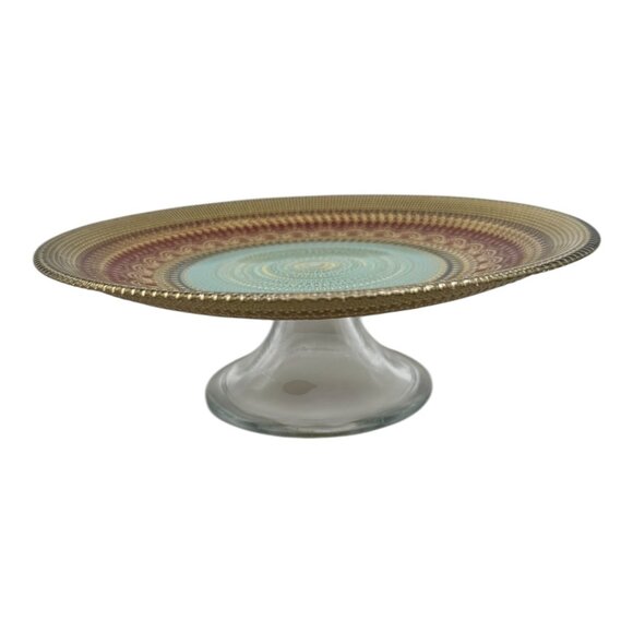 Turkish Mandala Glass Stand With  Red, Gold & Blue Pattern 12" Diameter Elevated - Picture 4 of 9